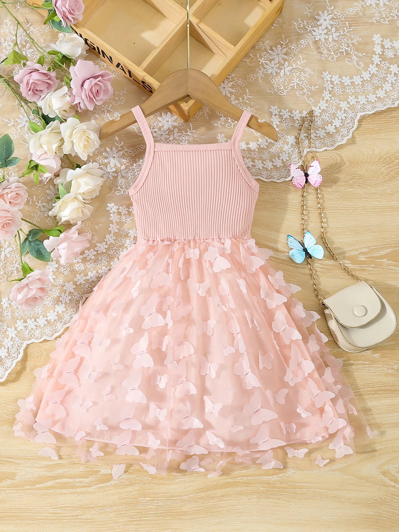 Summer Toddler Kids Girl's Clothes Baby's Butterfly Decor Mesh Splicing Cami Dress Elegant Sleeveless Princess Dress Quick Pick Grocers
